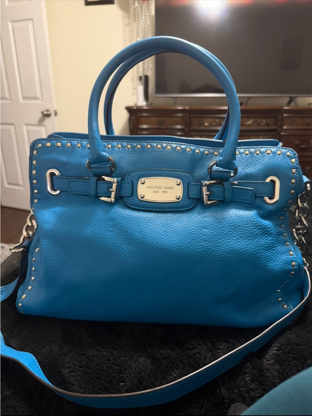 Michael Kors Bright Turquoise Leather Satchel with Stud Accents